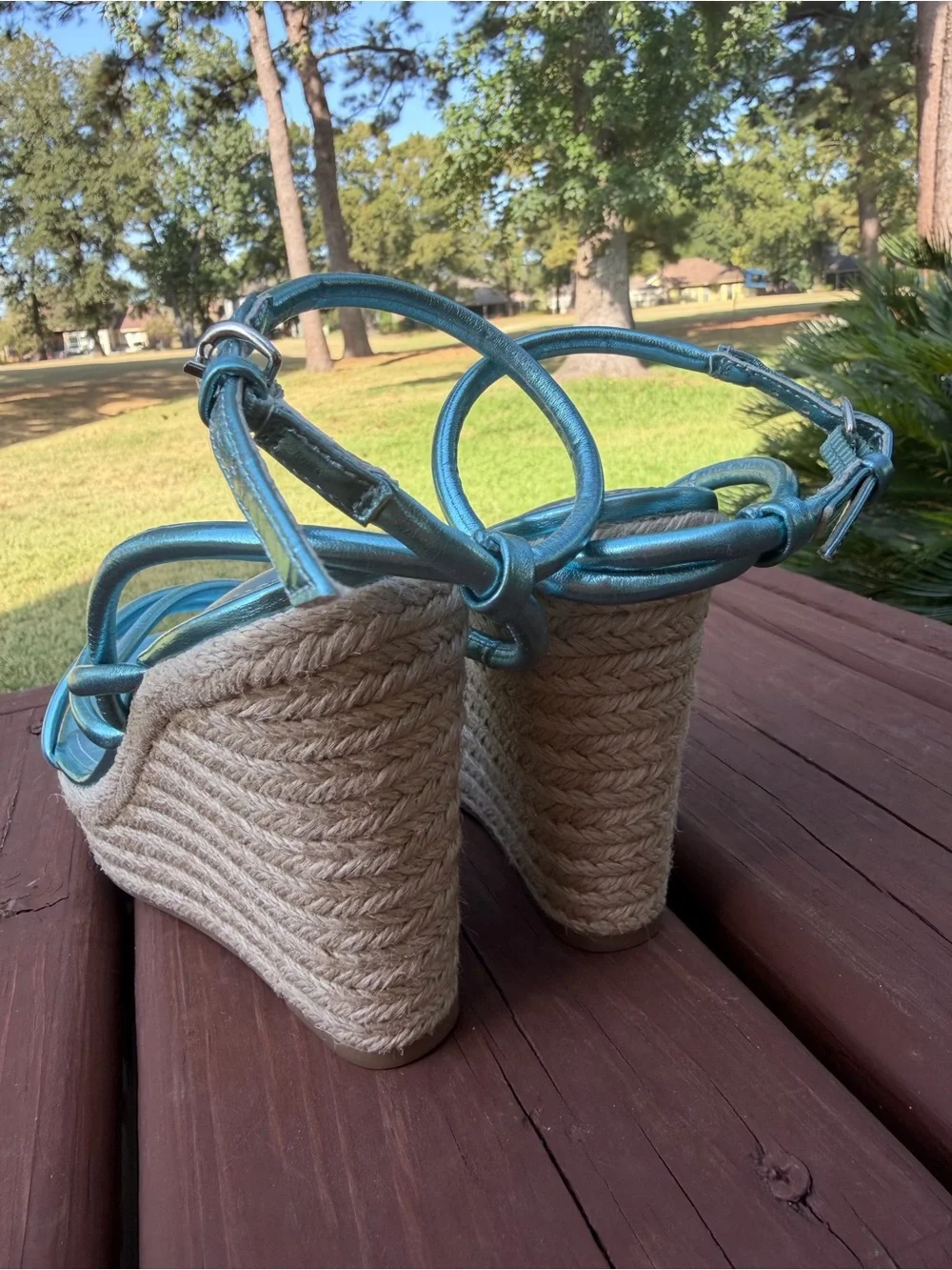Nine West Hipsta3 Metallic Blue Espadrille Wedge Sandals Size 7 $109